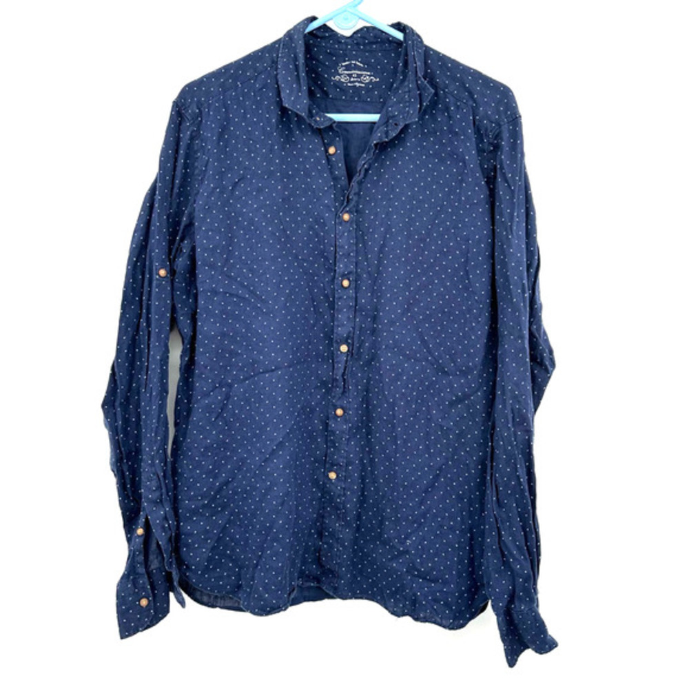 Camicissima size 43 100% linen long sleeve button up top shirt‎ blue italian